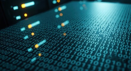 Digital surface glowing blue binary code, amber lights, symbolizing data and tech
