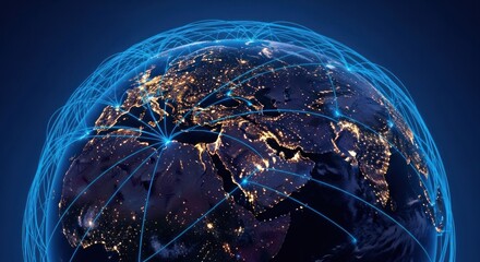 Digital rendering of Earth at night with glowing cities and blue connecting network lines