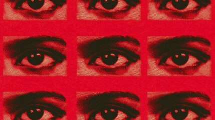 An artistic composition featuring multiple human eyes in a pop art style, set against a vibrant red background.