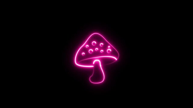 Neon glowing mushroom icon 4k video animation on black background. Mushroom grow in the forest sign.Glowing neon pink color psilocybin mushroom icon animation. 4K Video motion animation.
