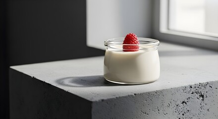 A minimalist glass jar of silky panna cotta topped with a single fresh raspberry, placed on a modern concrete windowsill, capturing simplicity and elegance in a contemporary dessert presentation.

