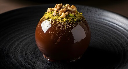 A luxurious chocolate dome dessert with a glossy finish, topped with walnuts and crushed pistachios, elegantly presented on a black plate for a refined and decadent gourmet experience.


