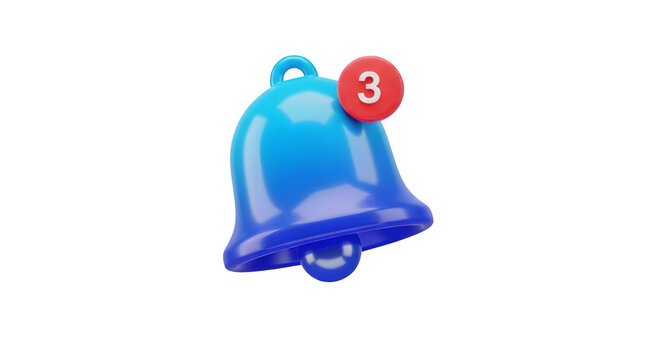 Blue notification bell icon with three unread alerts isolated on transparent background