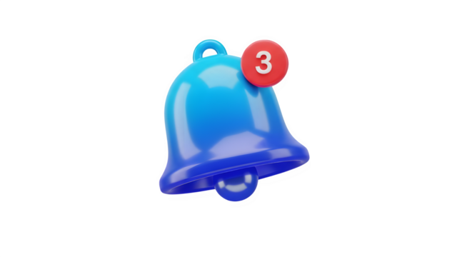 Blue notification bell icon with three unread alerts isolated on transparent background