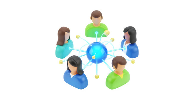 Diverse group of people connected to a central glowing globe representing global network isolated on transparent background
