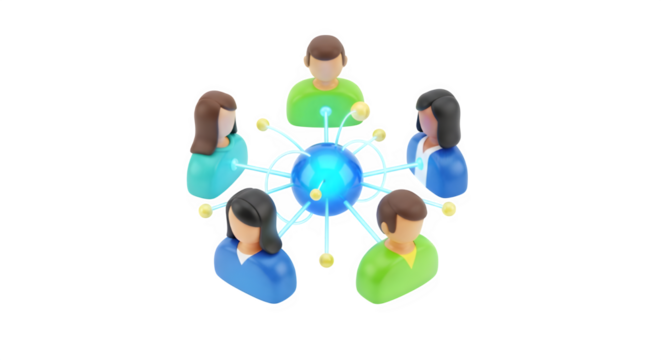Diverse group of people connected to a central glowing globe representing global network isolated on transparent background