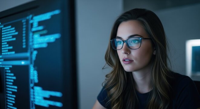 Focused woman in glasses coding at night on a bright blue screen, deep concentration - Powered by Adobe