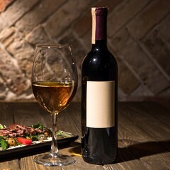 Bottle of red wine and glass with food on wooden table