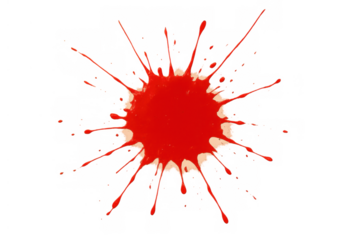 Red ink paint splatter explosion with drops and stains, abstract liquid splash on transparent background