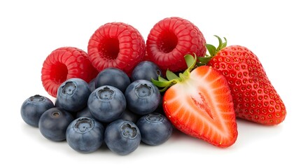A fresh assortment of ripe strawberries, blueberries, and raspberries arranged on a white background, showcasing vibrant colors and natural textures for a healthy and appetizing fruit presentation.

