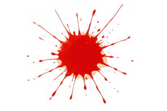 Red ink paint splatter explosion with drops and stains, abstract liquid splash on transparent background