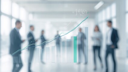Business growth and success concept with a digital financial graph overlay and blurred corporate office background.