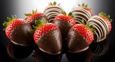 A decadent selection of fresh strawberries dipped in glossy dark and white chocolate, some with elegant chocolate drizzle, artfully arranged on a reflective black surface for a luxurious dessert displ
