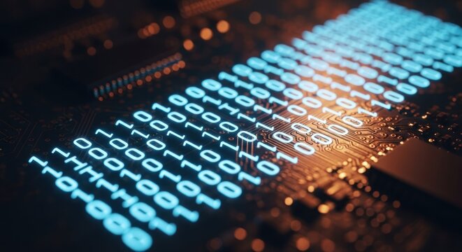 Glowing blue binary digits on a dark circuit board, representing data and technology