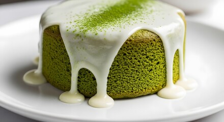 A moist and fluffy matcha cake generously drizzled with creamy white icing and dusted with vibrant green matcha powder, elegantly served on a white plate for a modern and sophisticated dessert experie