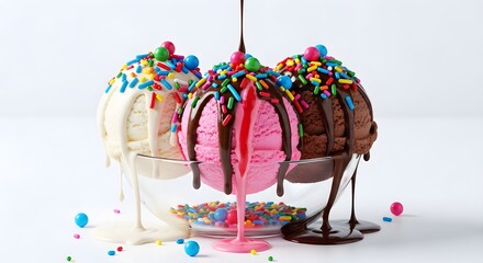 A vibrant ice cream sundae featuring scoops of vanilla, strawberry, and chocolate, topped with colorful sprinkles and chocolate sauce, served in a glass bowl for a festive and indulgent dessert treat.