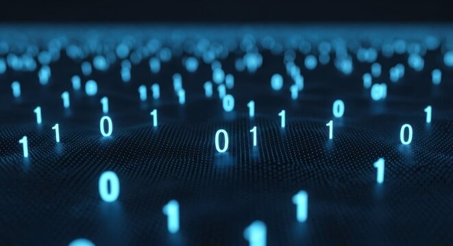 Glowing blue binary digits (0s and 1s) float on a dark, wavy digital surface