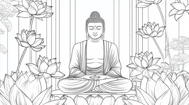 Serene Buddha figure sits peacefully among lotus flowers, surrounded by nature beauty, inviting calm and mindfulness