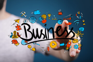 Dynamic business concept featuring a hand interacting with a digital interface. Illustrates innovation, strategy, and teamwork through colorful