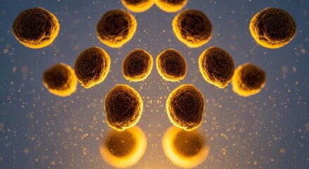 Naklejka premium Golden microscopic spheres float and glow in a blue-lit, particle-filled environment