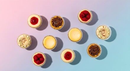 An assortment of mini cheesecakes with various toppings like raspberries, chocolate, and swirls, beautifully arranged on a pastel gradient background for a delightful and colorful dessert display.

