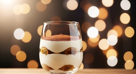 A classic tiramisu dessert elegantly layered in a glass, featuring creamy mascarpone, coffee-soaked ladyfingers, and a dusting of cocoa powder, set against a festive background of glowing bokeh lights