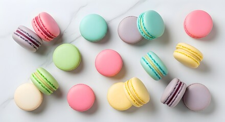 A delightful assortment of pastel-colored French macarons in pink, green, yellow, purple, and cream, artfully scattered on a marble surface for a chic and elegant dessert display.

