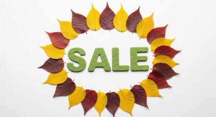 Obraz premium Green SALE text centered in a circle of red and yellow autumn leaves on white background