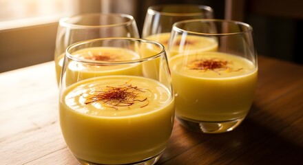 Four glasses of creamy saffron custard, topped with a sprinkle of saffron threads, basking in warm natural light, offering a luxurious and aromatic dessert experience perfect for special occasions.

