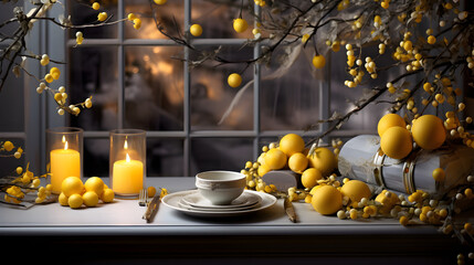 Yellow and gray winter holiday table setting with candles and Christmas decorations — elegant festive composition by the window.