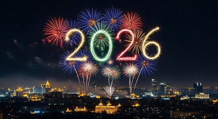 A vibrant cityscape illuminated by a dazzling fireworks display spelling out 2026 in the night sky, symbolizing celebration, anticipation, and the promise of a new year filled with hope and excitement