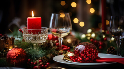 Festive Christmas dinner table with red candle, wine glasses, and holiday decorations in warm lights