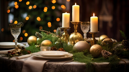 "Elegant Christmas table setting with candles and golden decorations – festive holiday dinner decor with warm lights and pine branches