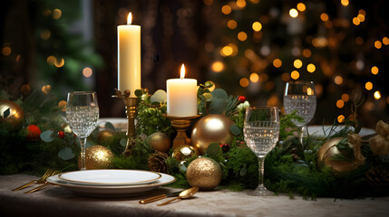 Luxury Christmas dinner table with candles and gold ornaments – cozy festive home decor.  Warm holiday table decoration with candles, pine branches and golden baubles – Christmas celebration concept