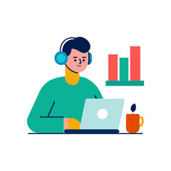 Man with headphones working on laptop and charts silhouette isolated on white background