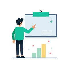 Man presenting data on whiteboard silhouette isolated on white background