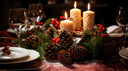 Cozy holiday table arrangement with burning candle and wine glasses