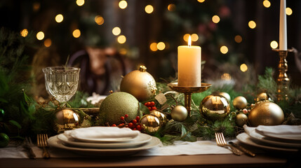 Golden Christmas table centerpiece with burning candles and fir greenery – elegant festive decoration. New Year dinner table decor with candles and gold balls – elegant festive interior design