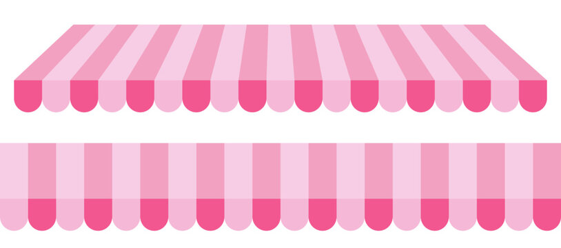 Flat design pink striped shop awning. Seamless pattern candy pink stripes store awning. Stripe canopy for store or market  isolated on transparent background