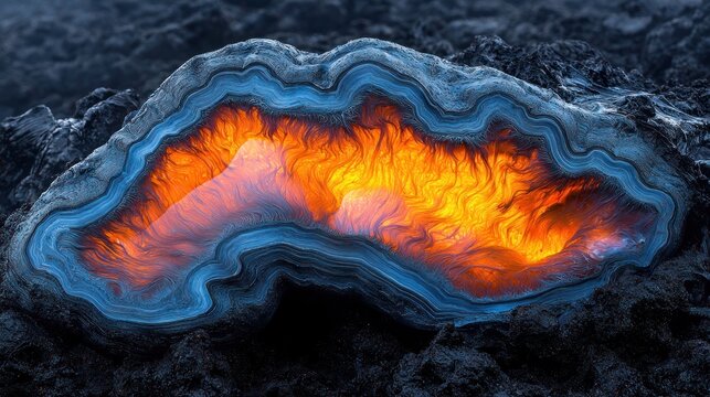 Intense orange-yellow glow within dark layered rock, like a fiery geode on black terrain