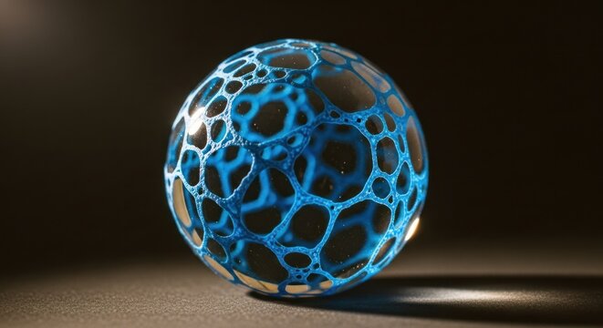 Intricate blue sphere with a cellular, porous design, dramatically lit on a dark surface - Powered by Adobe