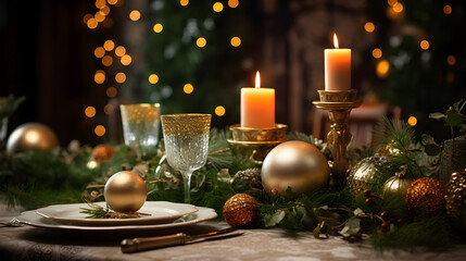 Christmas table setting with glowing candles, gold ornaments and natural pine decor – cozy holiday atmosphere
