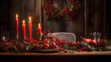 Romantic Christmas table with candlelight and golden decorations – cozy festive home interior