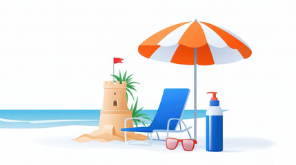 Fototapeta premium Beach scene featuring colorful umbrella, lounge chair, sandcastle, sunscreen, and sunglasses, evoking relaxing vacation vibe