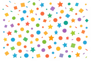 Colorful falling confetti pattern with stars, circles, and squares on transparent background for celebration