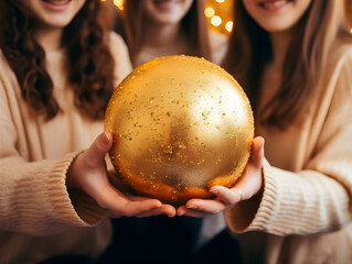 Three female friends holding a shiny golden ball in their hands - Christmas decoration concept with holiday lights. Selective focus