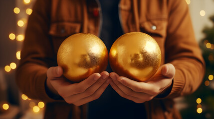 Golden Christmas balls in hands — festive holiday mood with glowing lights. Warm holiday atmosphere with hands holding golden ornaments — cozy Christmas background