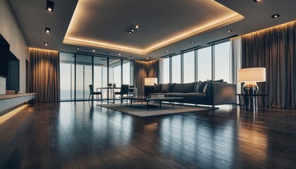 Modern living room with large windows