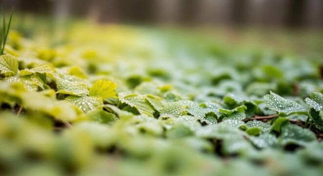 Low angle shot of fresh green ground cover leaves with dew drops, soft natural light