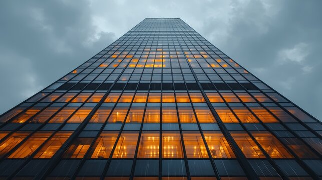Low-angle view of a towering glass building under dark clouds, many windows glowing